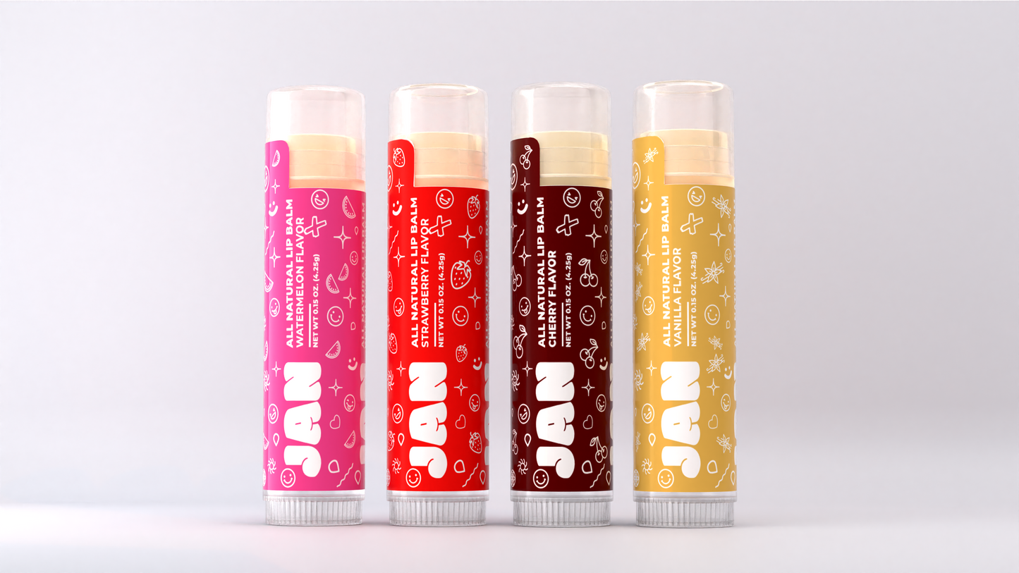 4 Pack Variety Organic & Vegan Lip Balm (Watermelon, Strawberry, Cherry, Vanilla)